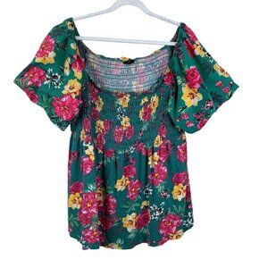 Torrid Babydoll Poplin Smocked Bodice Puff Sleeve Green Floral Top Size 4X